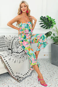 Red Mix Tropical Print Strapless Ruffled Jumpsuit