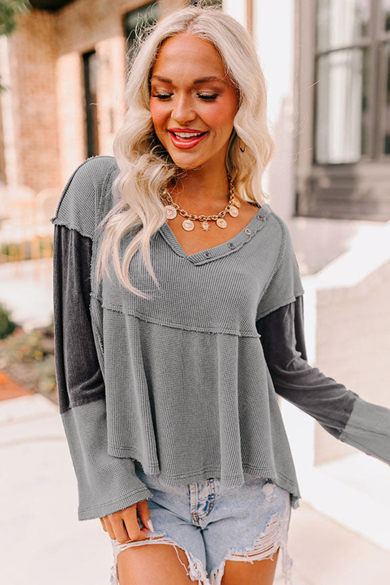 Medium Grey Waffle Knit Button Detail Exposed Seam Flowy Top