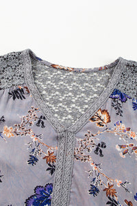 Sky Blue Floral Print Lace Patchwork Knot Front V Neck Blouse