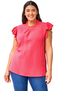 Pink Textured Flutter Sleeve Frilled Neck Plus Size Blouse