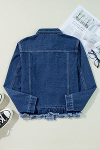 Navy Blue Ruffle Raw Hem Flap Pockets Denim Jacket