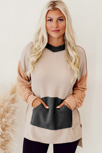 Black Color Block Long Sleeve Ribbed Loose Top