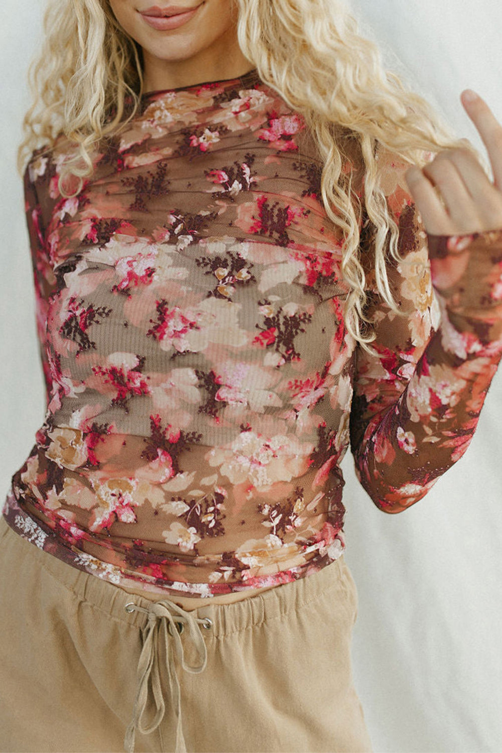 Red Floral Print Sheer Mesh Long Sleeve Top