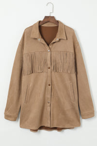 White Fringe Trim Plus Size Suede Shacket