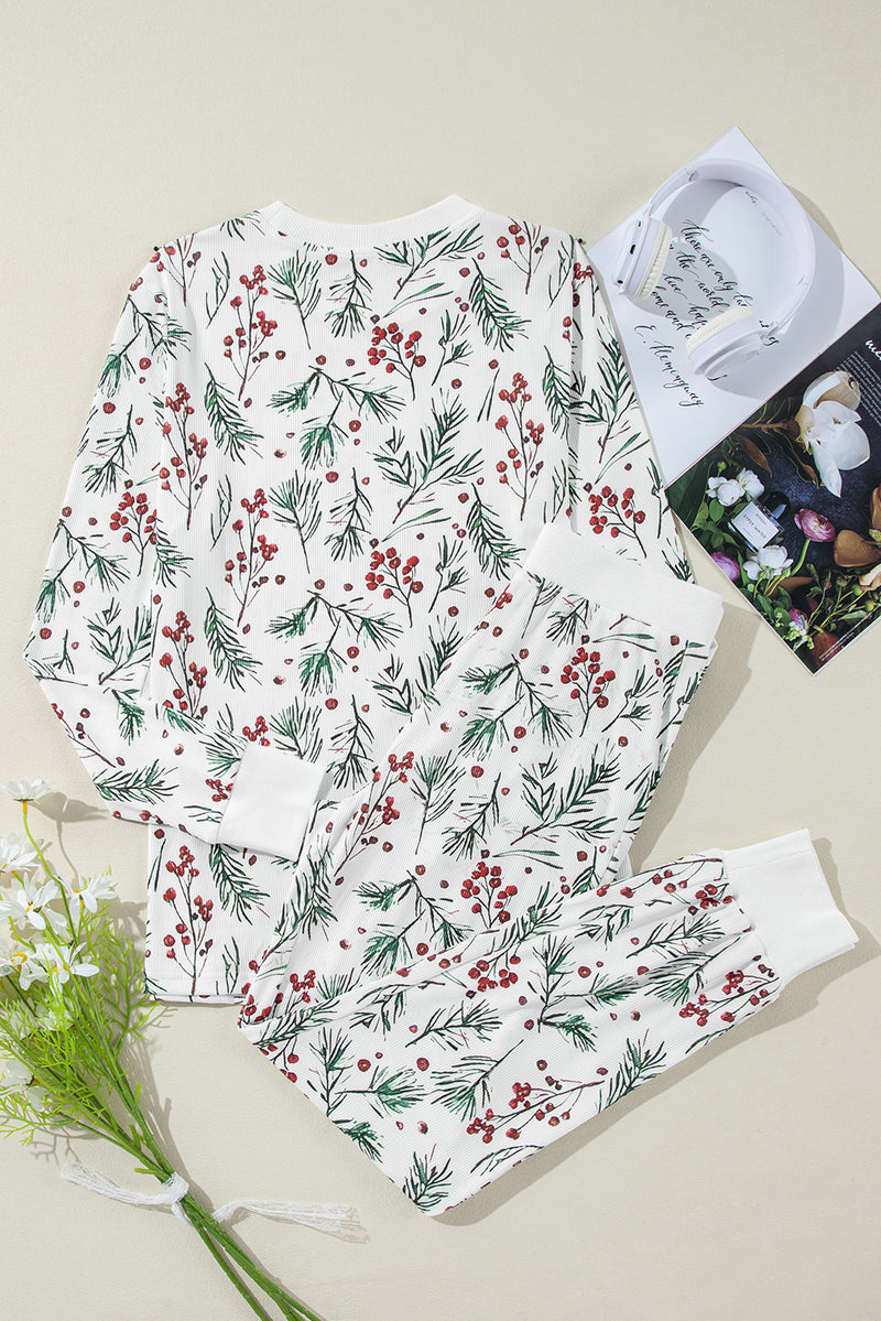 White Holly Print Thermal Pullover Pants Lounge Set