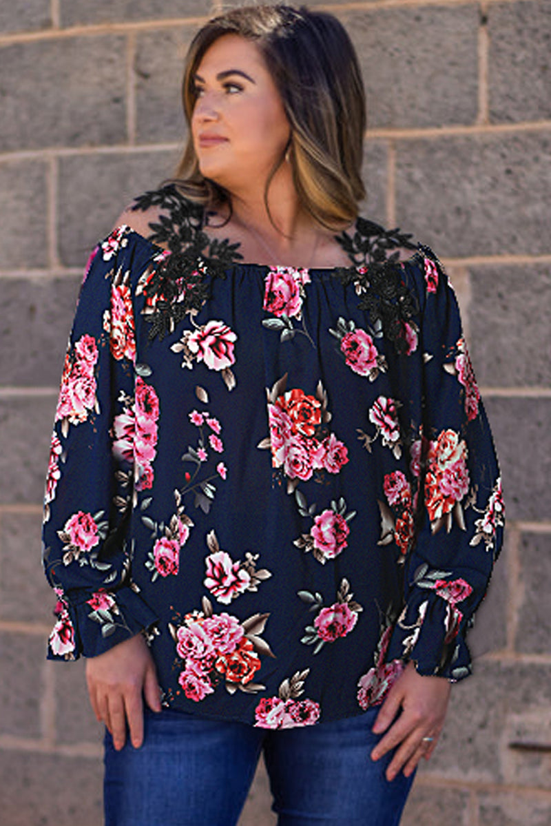 Navy Blue Plus Size Crochet Detail Cold shoulder Floral Blouse