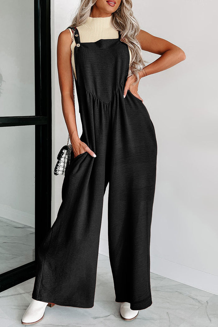 Black Textured Buttoned Straps Ruched Wide Leg Jumpsuit