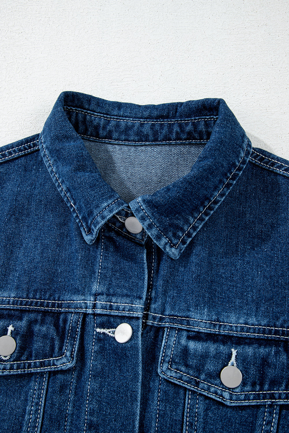 Navy Blue Ruffle Raw Hem Flap Pockets Denim Jacket