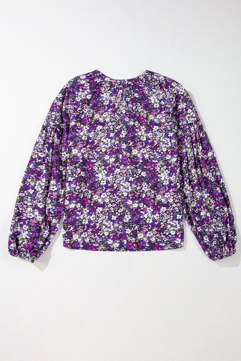 Purple Boho Flower Split V Neck Bubble Sleeve Blouse