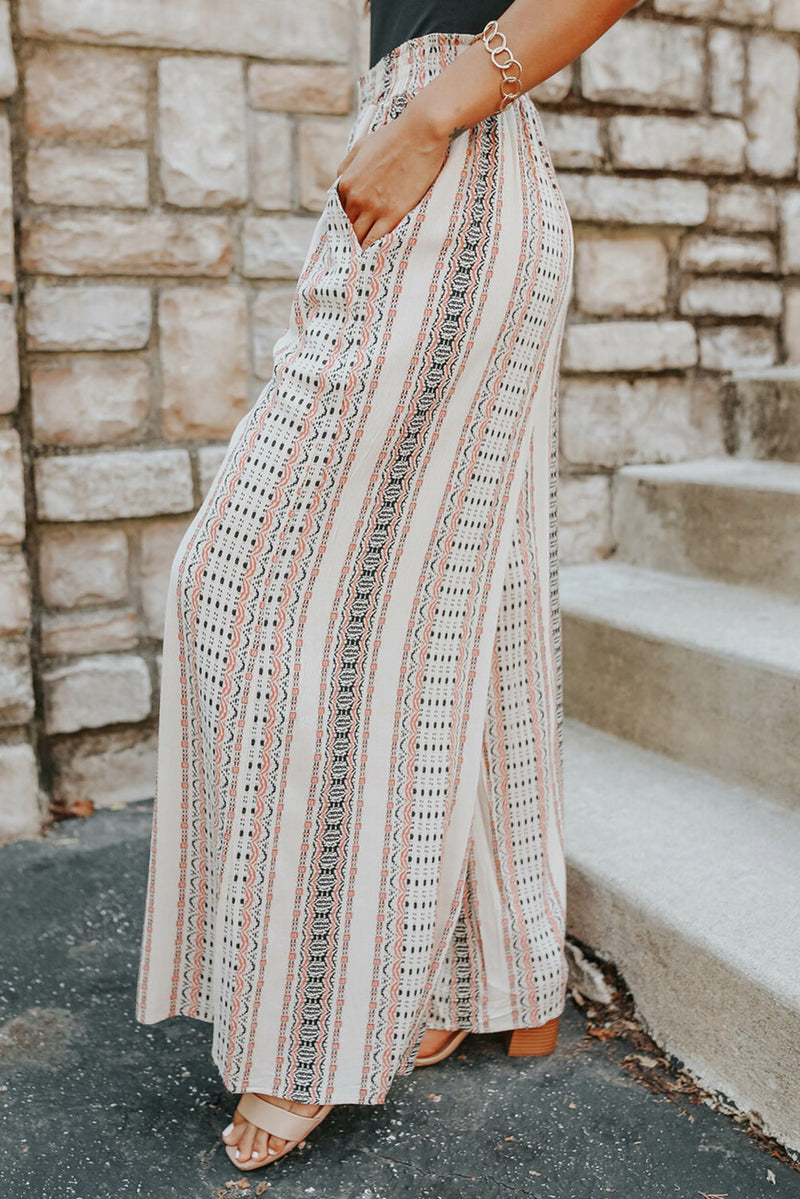 White Geometric Pattern Shirred Wide Leg Pants