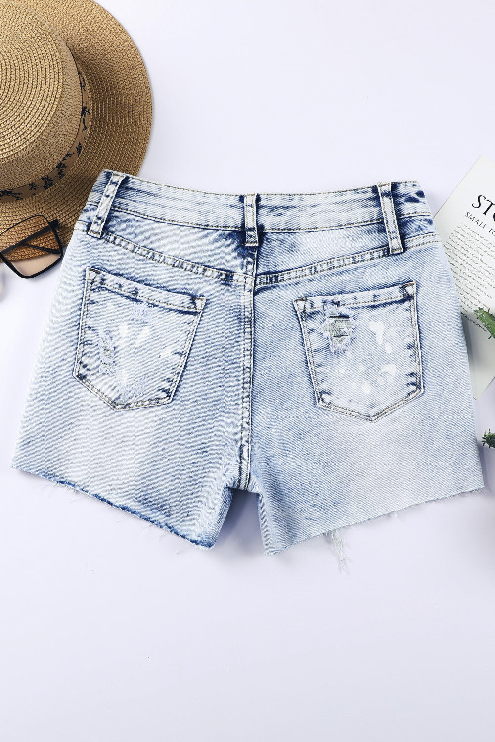 Sky Blue Distressed Bleached Denim Shorts