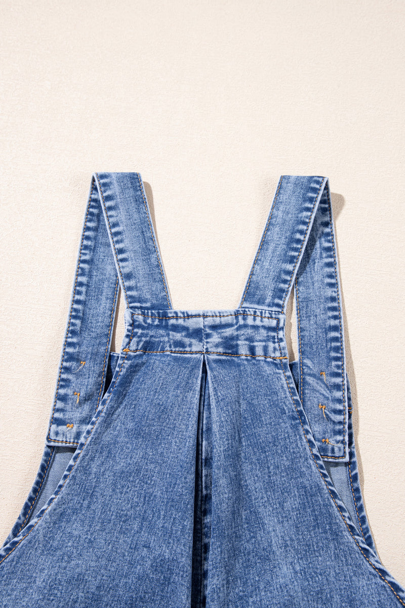 Light Blue Mineral Wash Buttoned Straps Wide Leg Denim Overalls