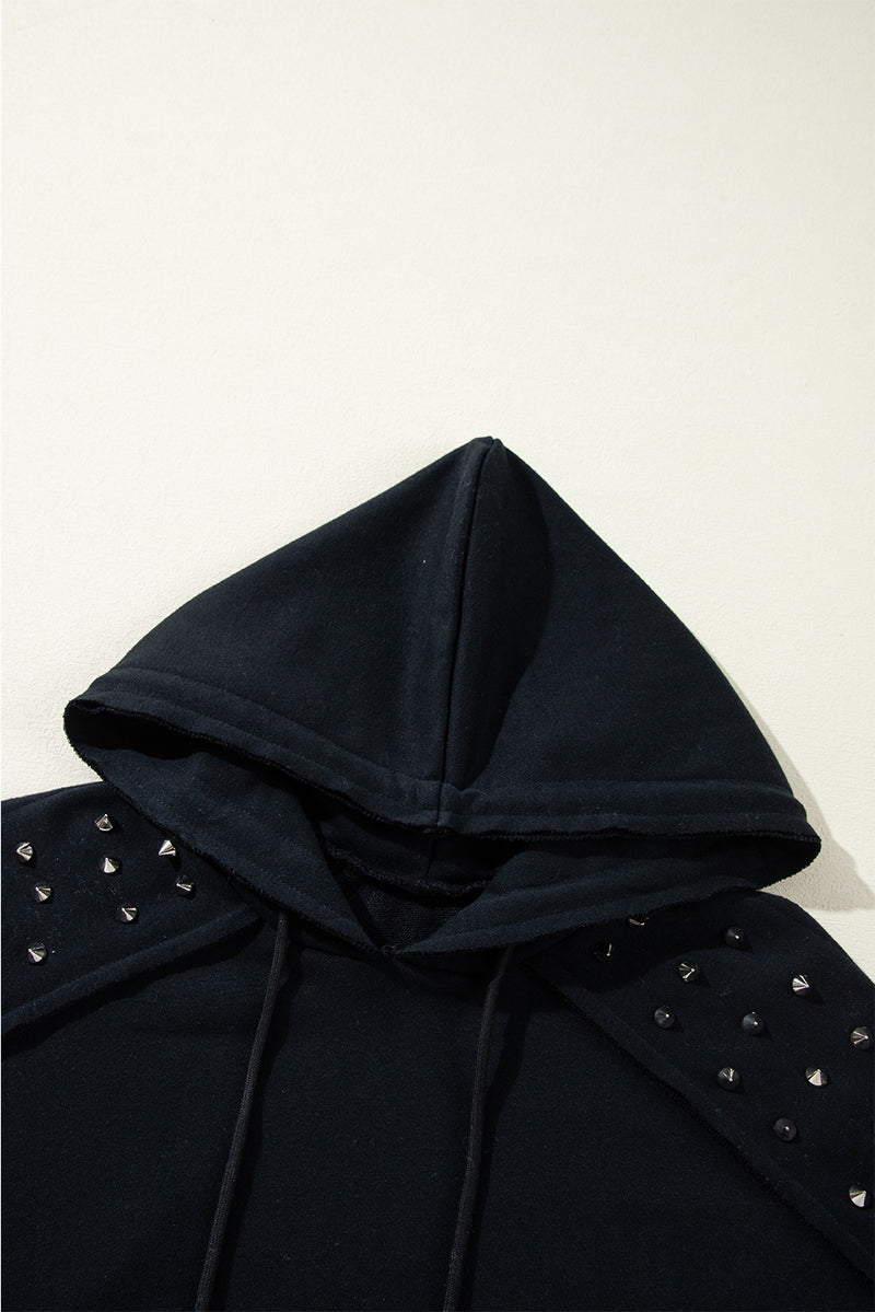 Black Solid Color Rivet Stud Raglan Sleeve Hoodie with Pocket