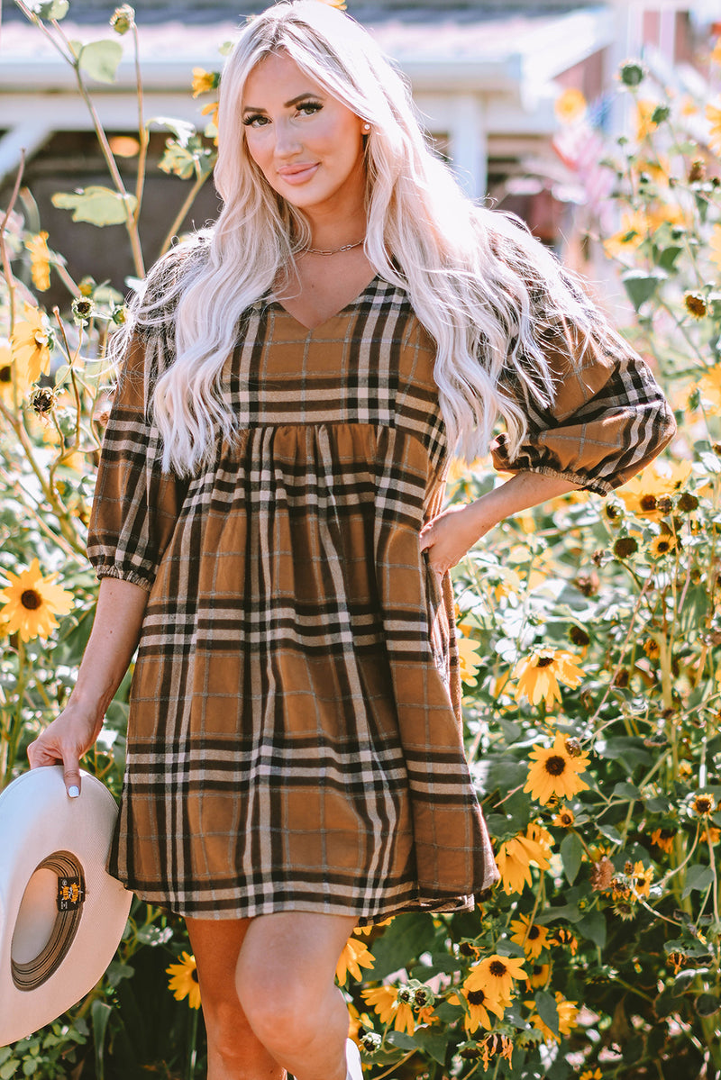 Brown Printed Plaid V Neck Plus Size Babydoll Dress