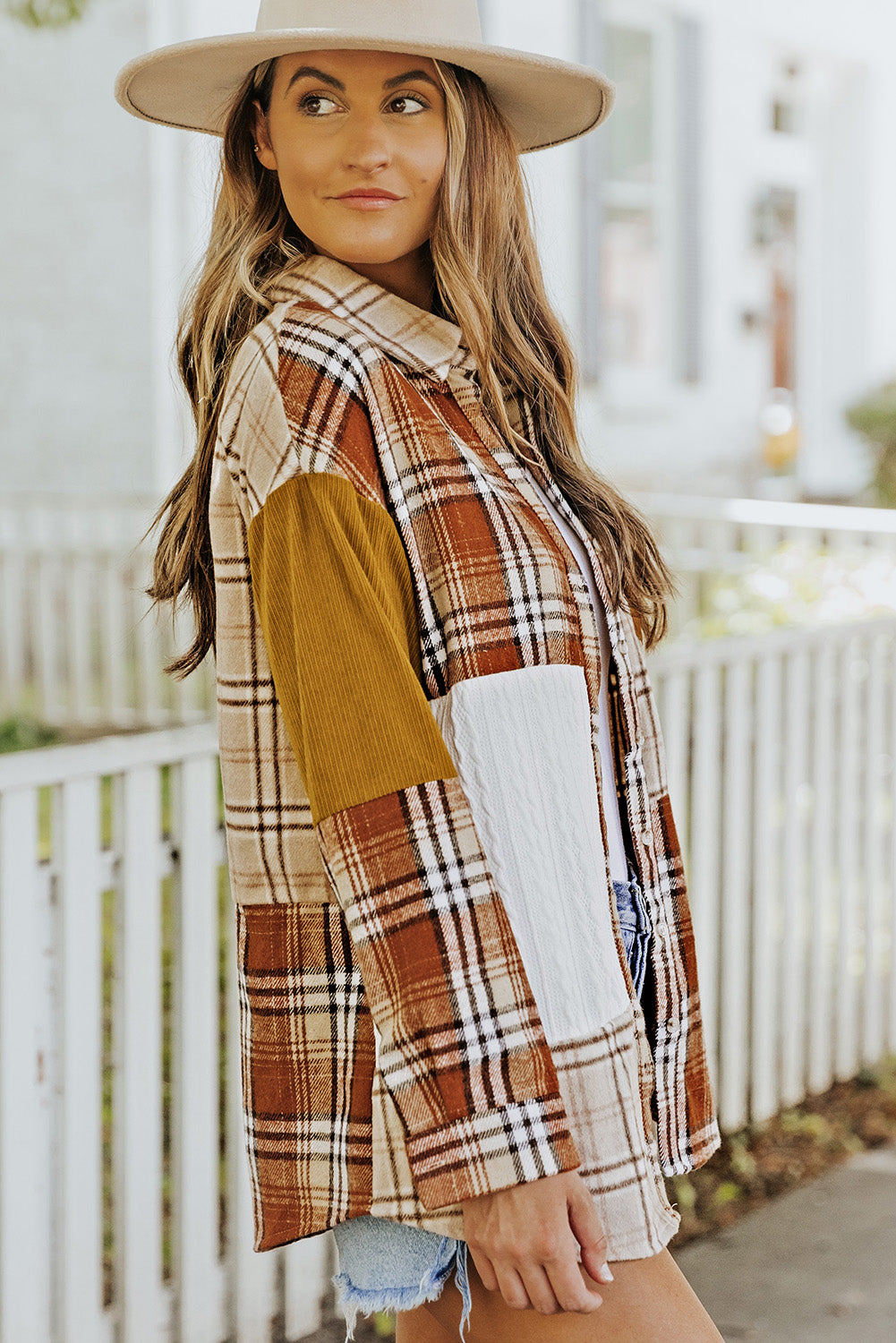 Gold Brick Plus Size Plaid Patchwork Button up Shacket