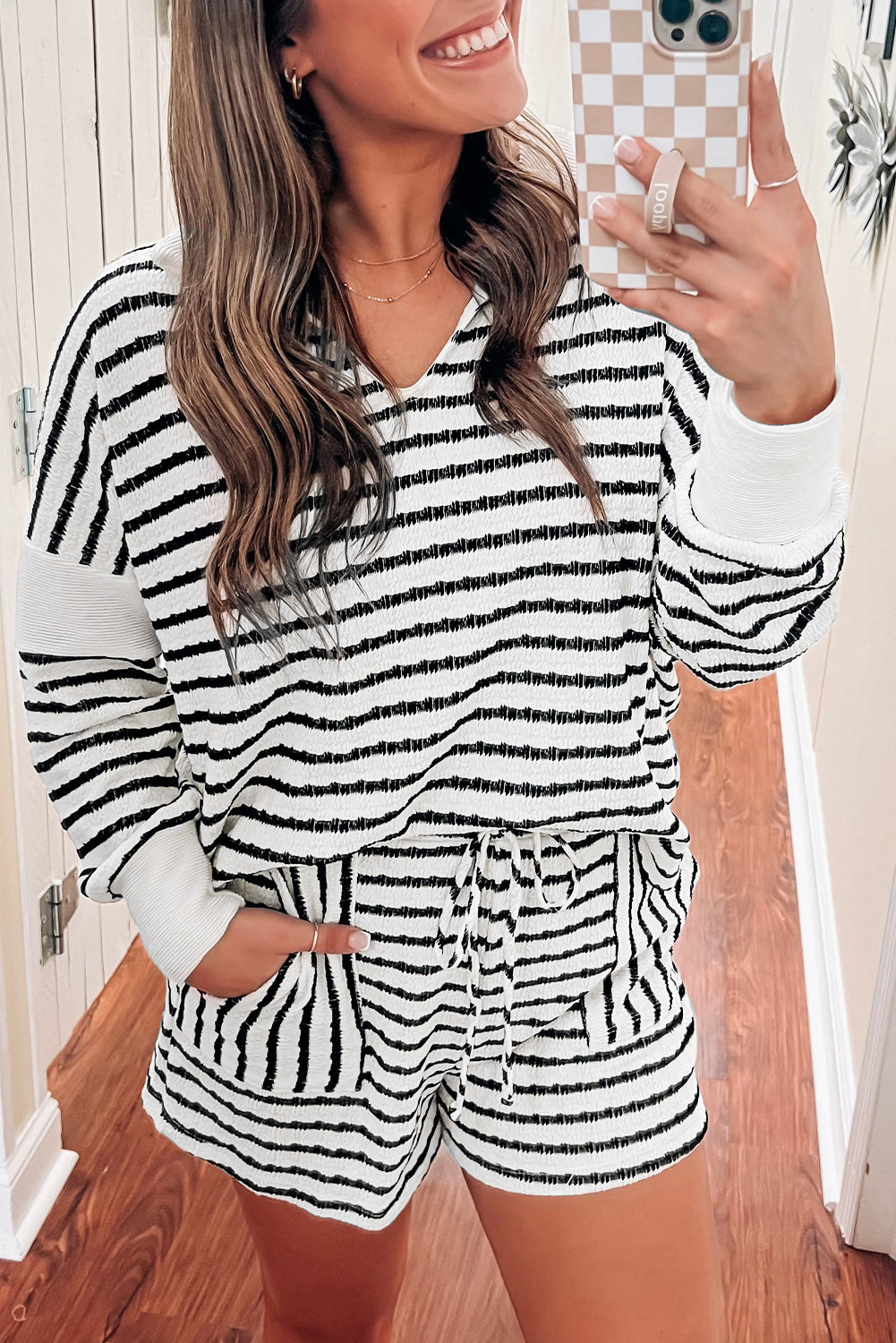 Black Stripe Collared V Neck Long Sleeve Top Plus Shorts Set