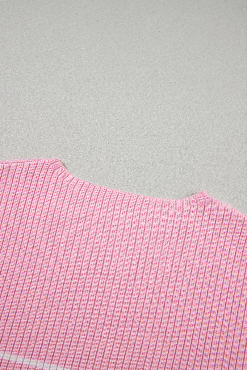 Pink Stripe Ribbed Loose Plus T Shirt