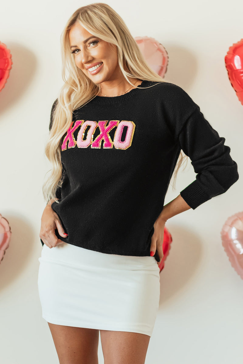 White XOXO Glitter Print Round Neck Casual Sweater