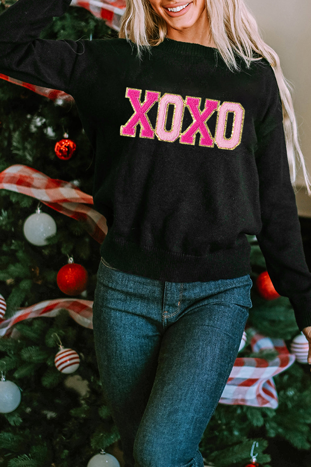 White XOXO Glitter Print Round Neck Casual Sweater