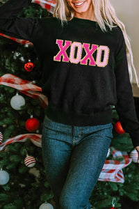 White XOXO Glitter Print Round Neck Casual Sweater