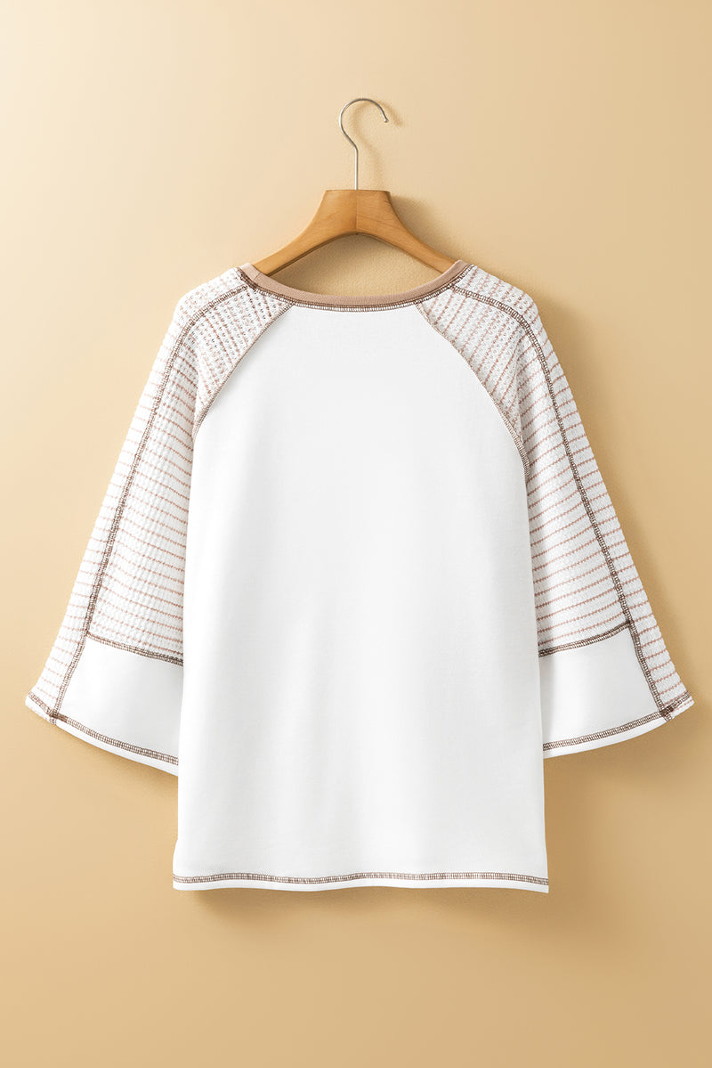 White Striped Bracelet Sleeve Raglan Patchwork Top