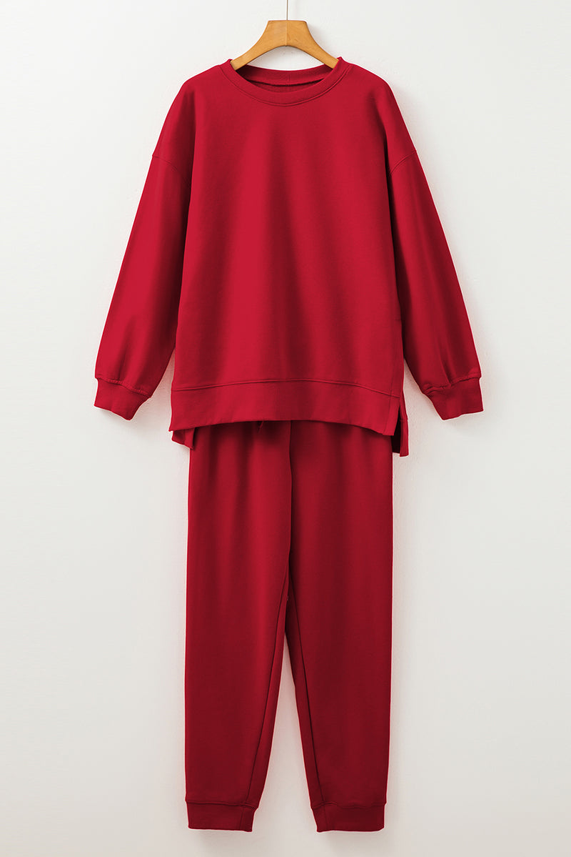 Racing Red Solid Color High Low Pullover and Skinny Pants Set