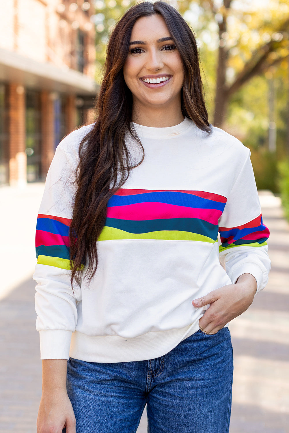 White Colorful Striped Accent Long Sleeve T Shirt