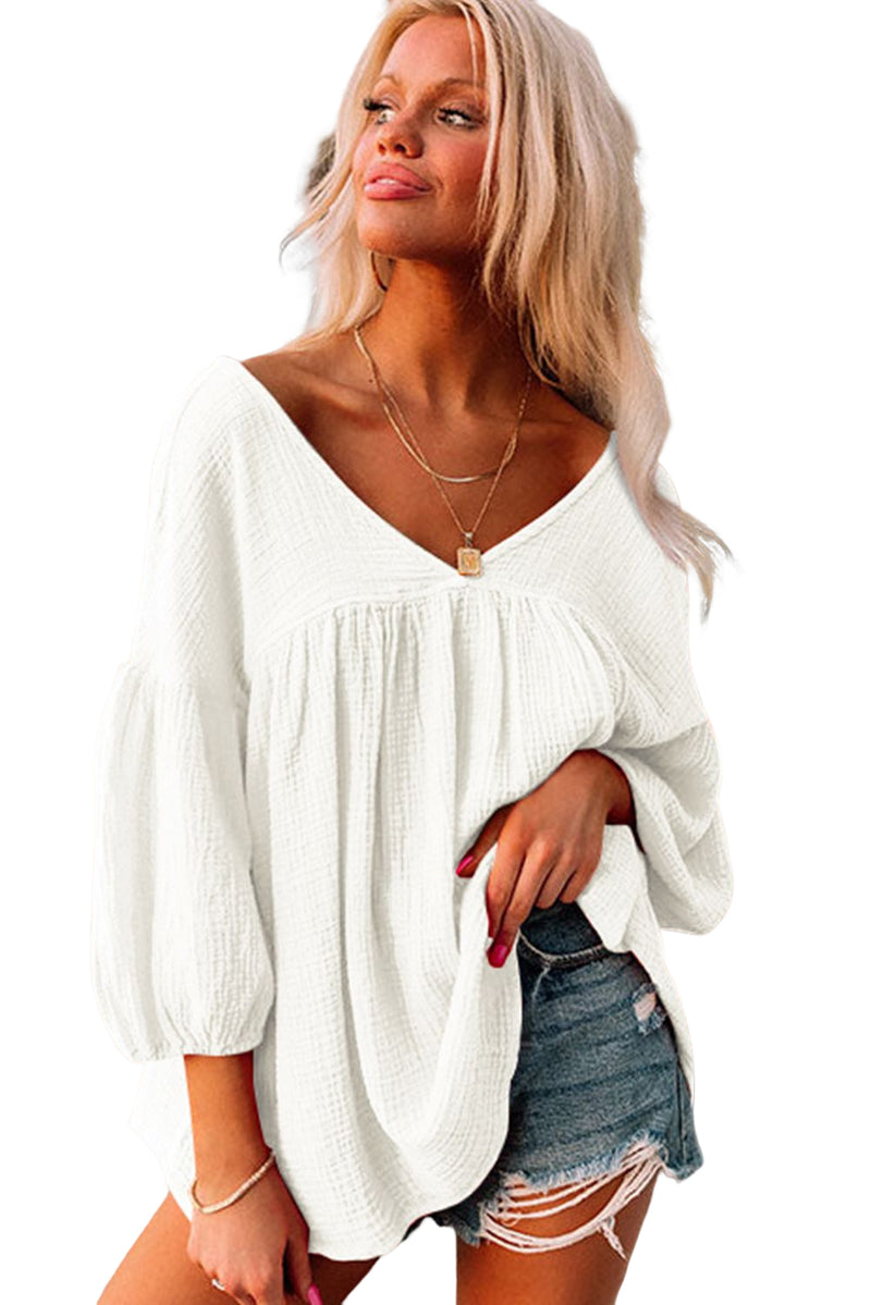 White Textured V Neck Bracelet Sleeve Babydoll Blouse