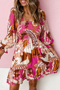 Rose Floral Print Smocked Square Neck Bubble Sleeve Dress