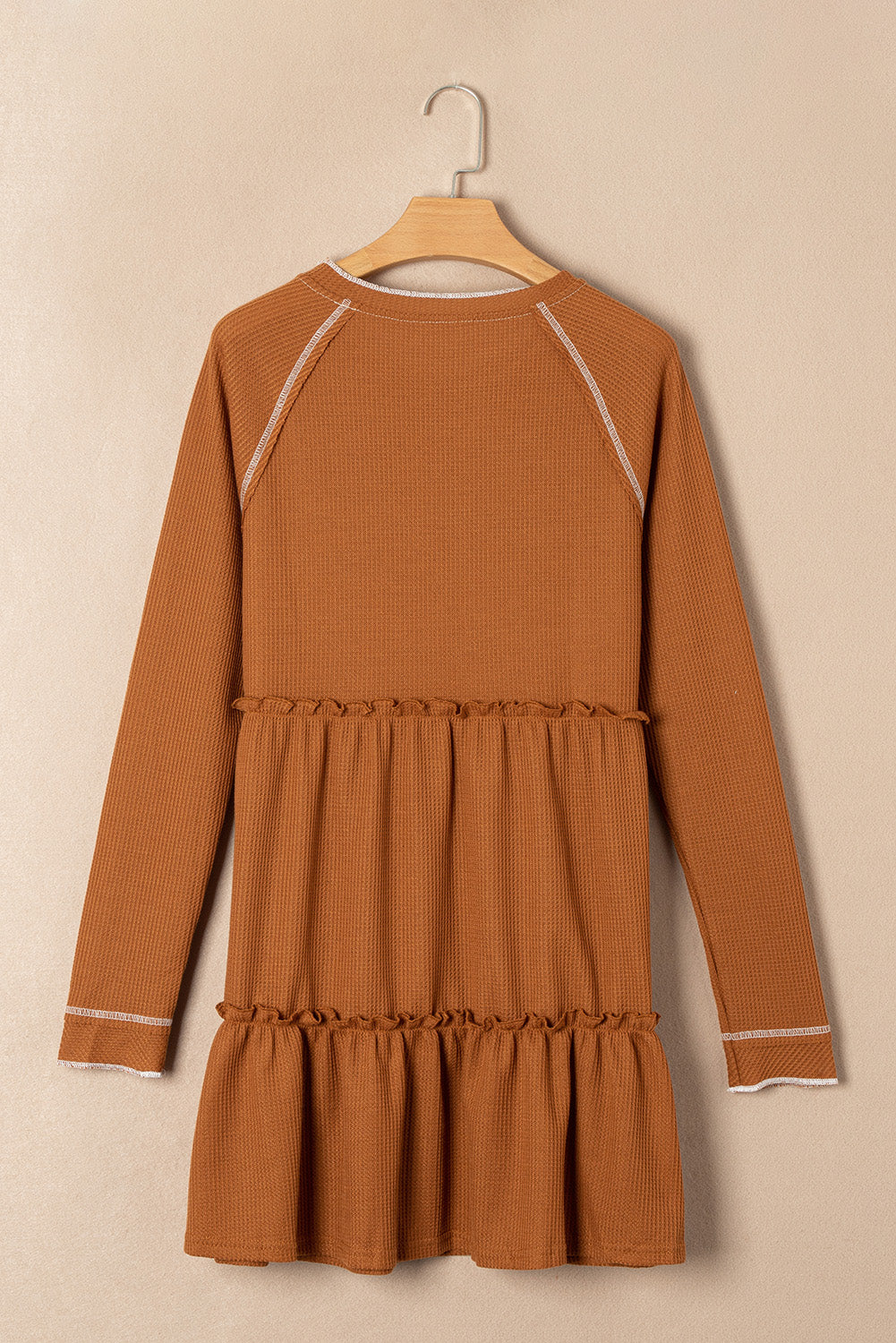 Chestnut Contrast Seam Frilly Edge Waffle Knit T-shirt