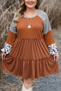 Gold Flame Plus Size Waffle Leopard Long Sleeve Ruffle Mini Dress