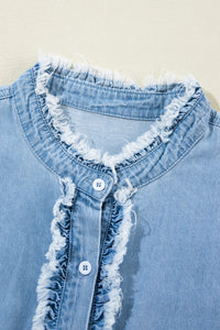 Dusk Blue Plus Size Ruffled Sleeve Button Up Frayed Denim Top