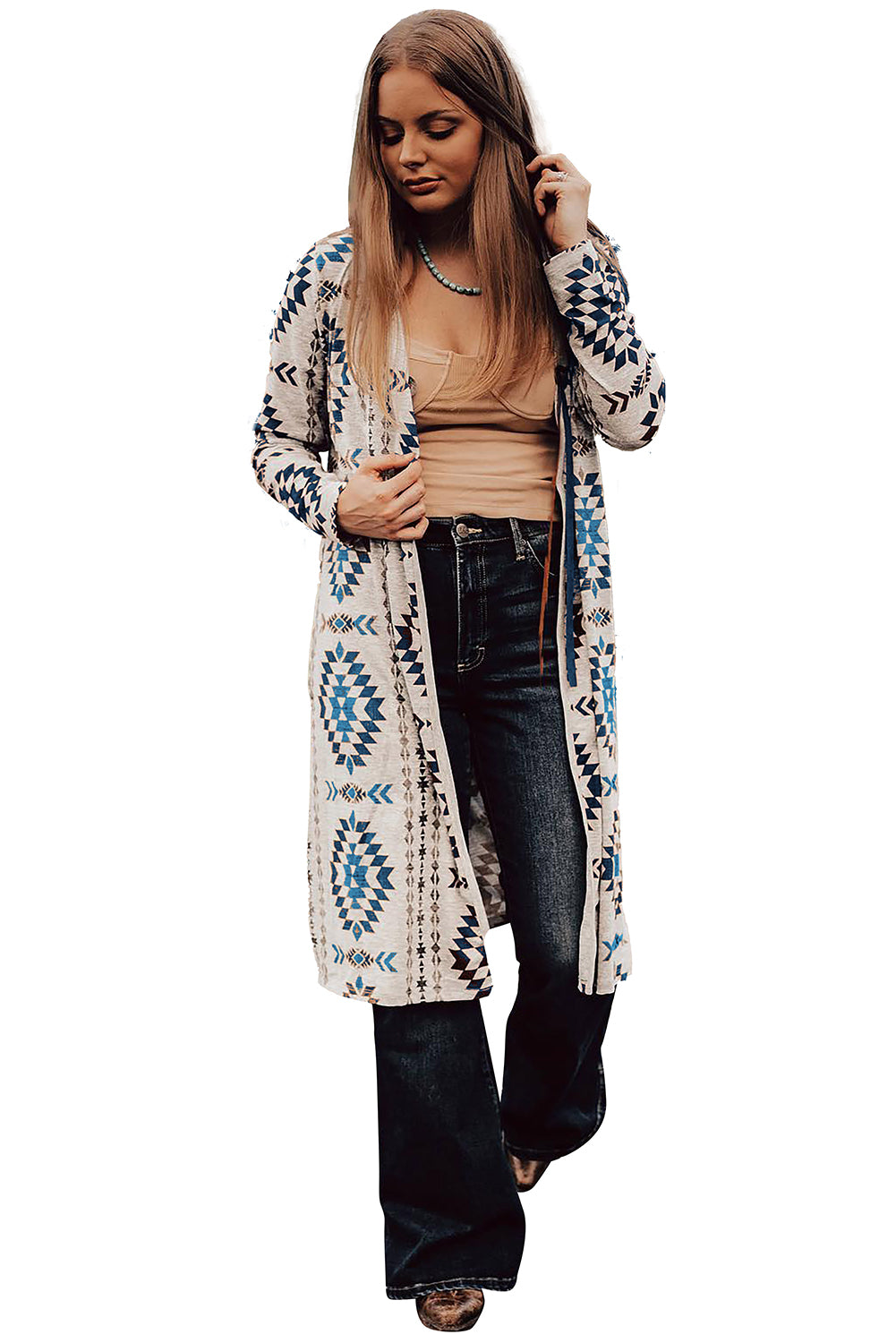 Sky Blue Western Aztec Printed Open Front Long Cardigan