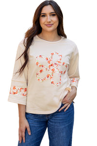 Beige Flower Patch Graphic Exposed Seam Wide Sleeve Top