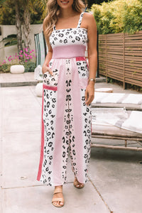 Pink Leopard Color Block Mix Print Pocketed Jumpsuit