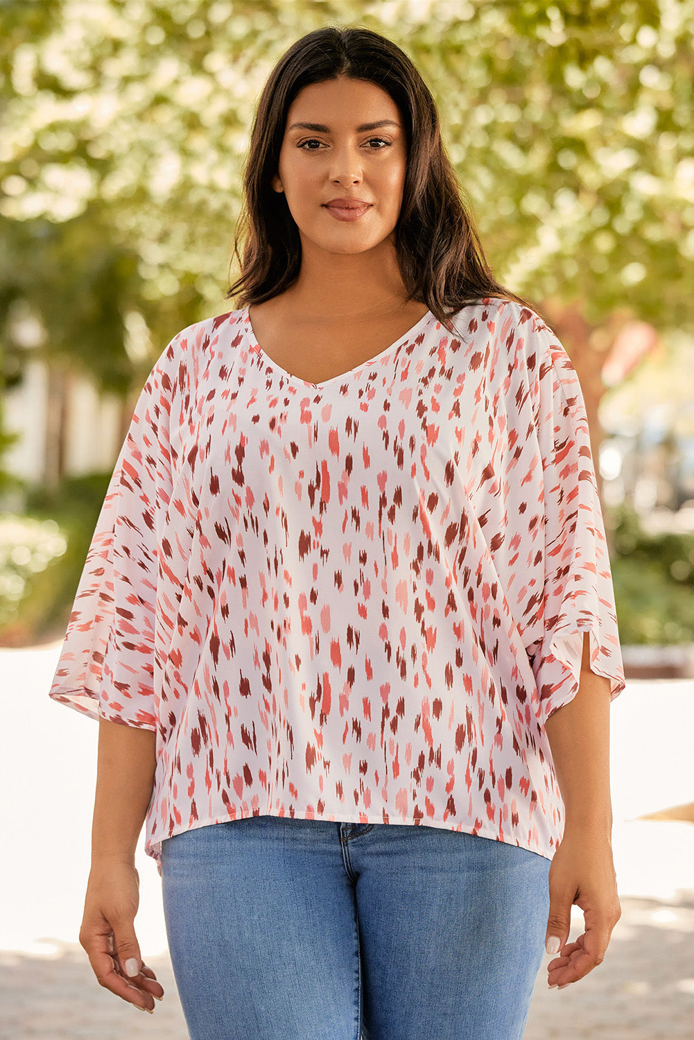 Sky Blue Printed Printed 3/4 Dolman Sleeve Plus Size Blouse