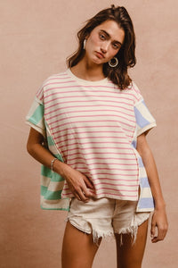 BiBi Slit Exposed Seam Striped Round Neck Short Sleeve T-Shirt