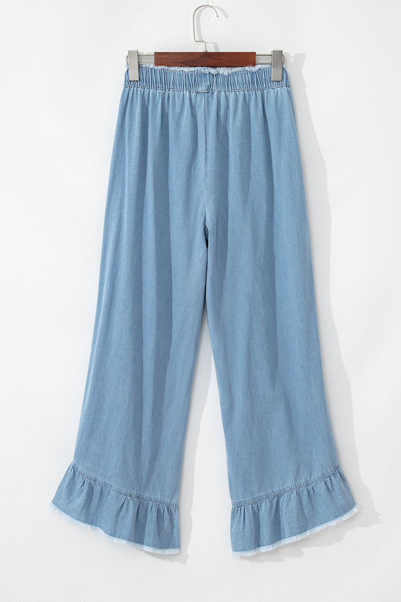 Myosotis Light Wash Raw Hem Ruffled Wide Leg Jeans