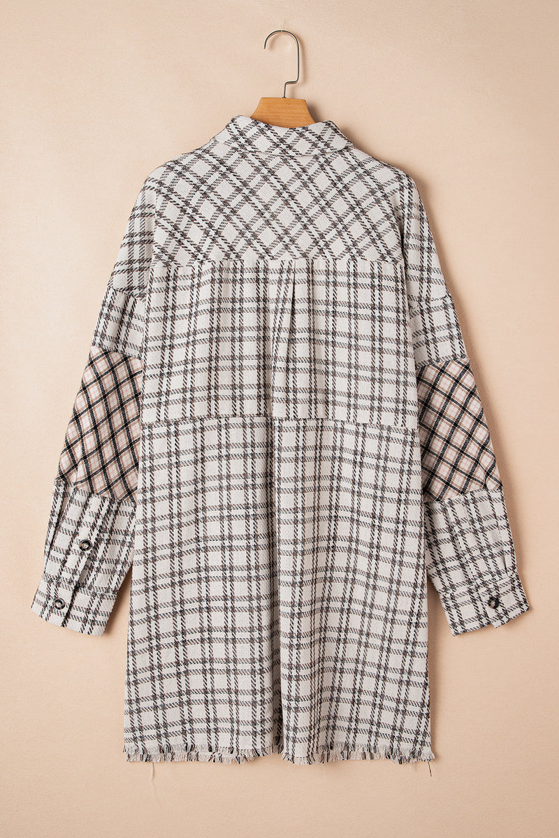 White Stripe Plus Size Plaid Buttoned Raw Hem Tunic Shirt Dress