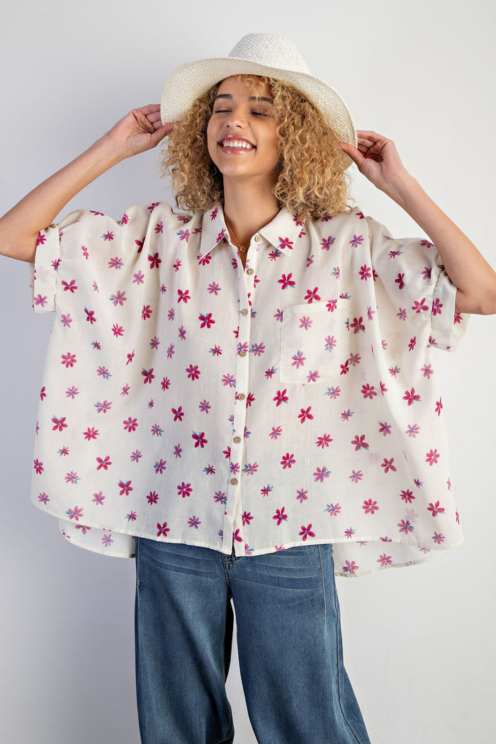 FLOWER PRINT POLY LINEN BUTTON DOWN SHIRT