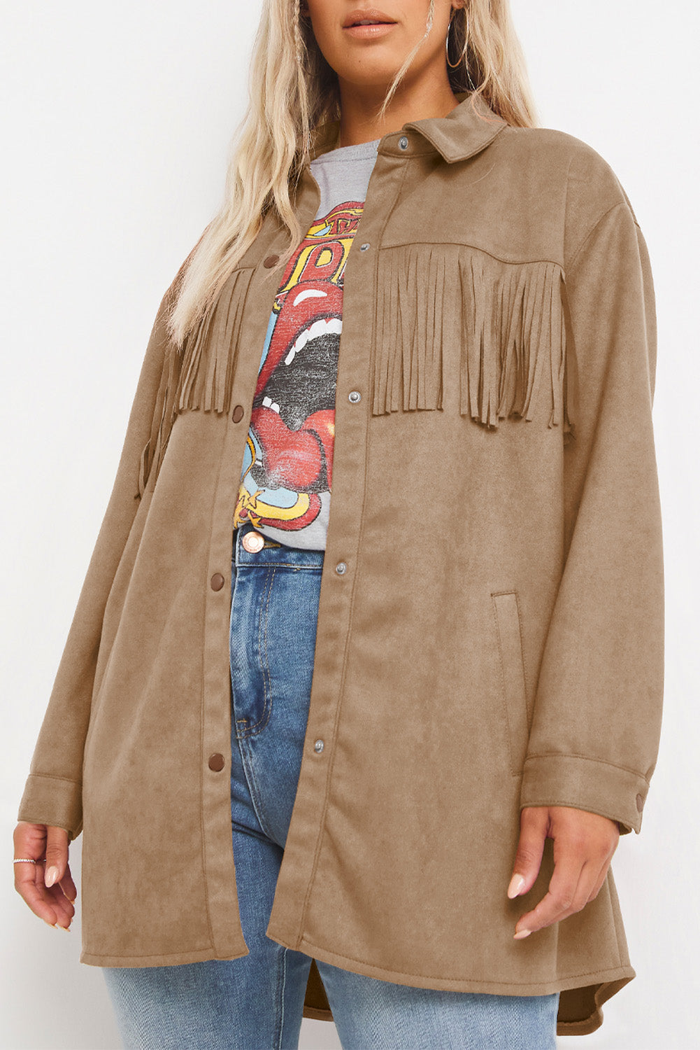 White Fringe Trim Plus Size Suede Shacket