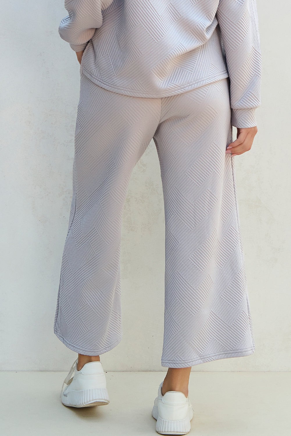 Light Grey Solid Textured Collared V Neck Top and Wide Leg Pants Set