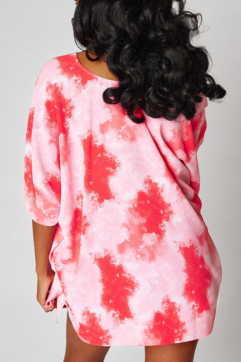 Red Plus Size Tie-dye Print 3/4 Sleeve Tunic Top