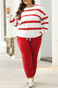 Red Stripe Drop Shoulder Pullover and Jogger Pants Set