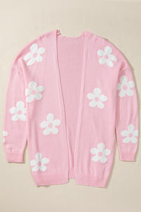 Pink Floral Print Knitted Open Front Loose Cardigan