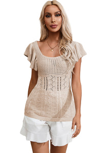 Beige Pointelle Knit Flutter Sleeve Sweater