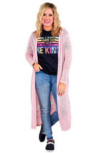 Pink Sheer Knitted Long Side Slit Plus Size Cardigan