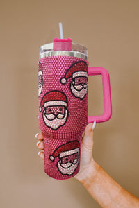 Rose Red Christmas Santa Claus Diamond Thermos Cup with Straw 40oz