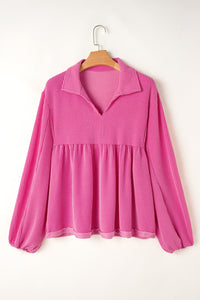 Bright Pink Corded Turn-down V Neck Bubble Sleeve Babydoll Blouse