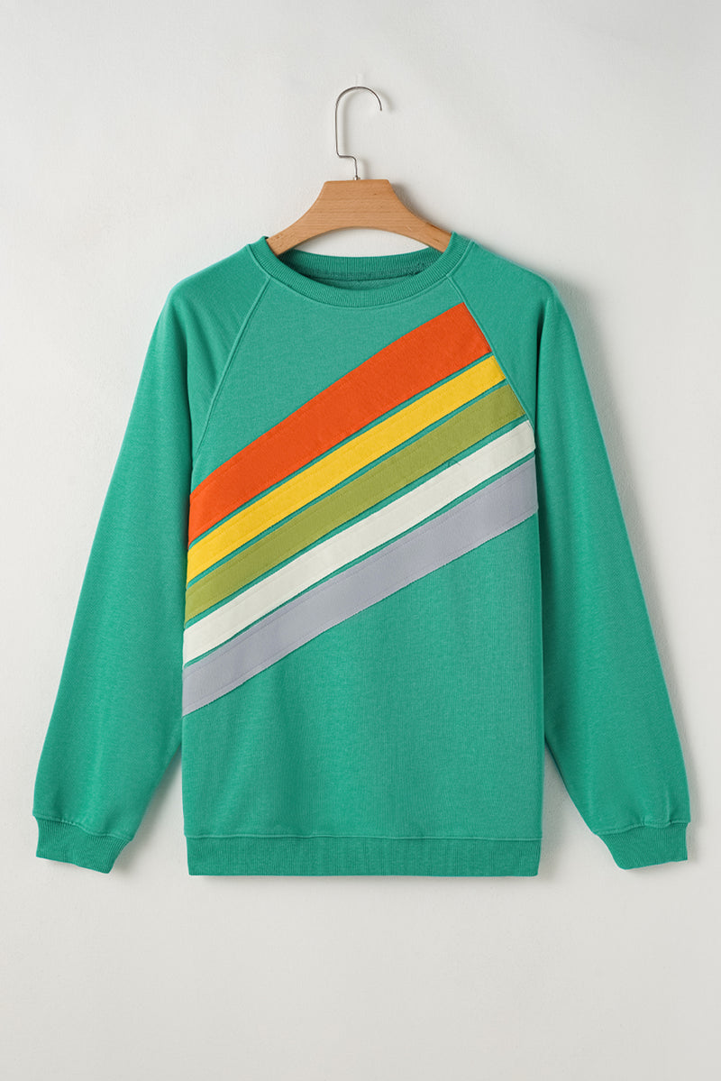 Mint Green Rainbow Colorblock Striped Pullover Sweatshirt